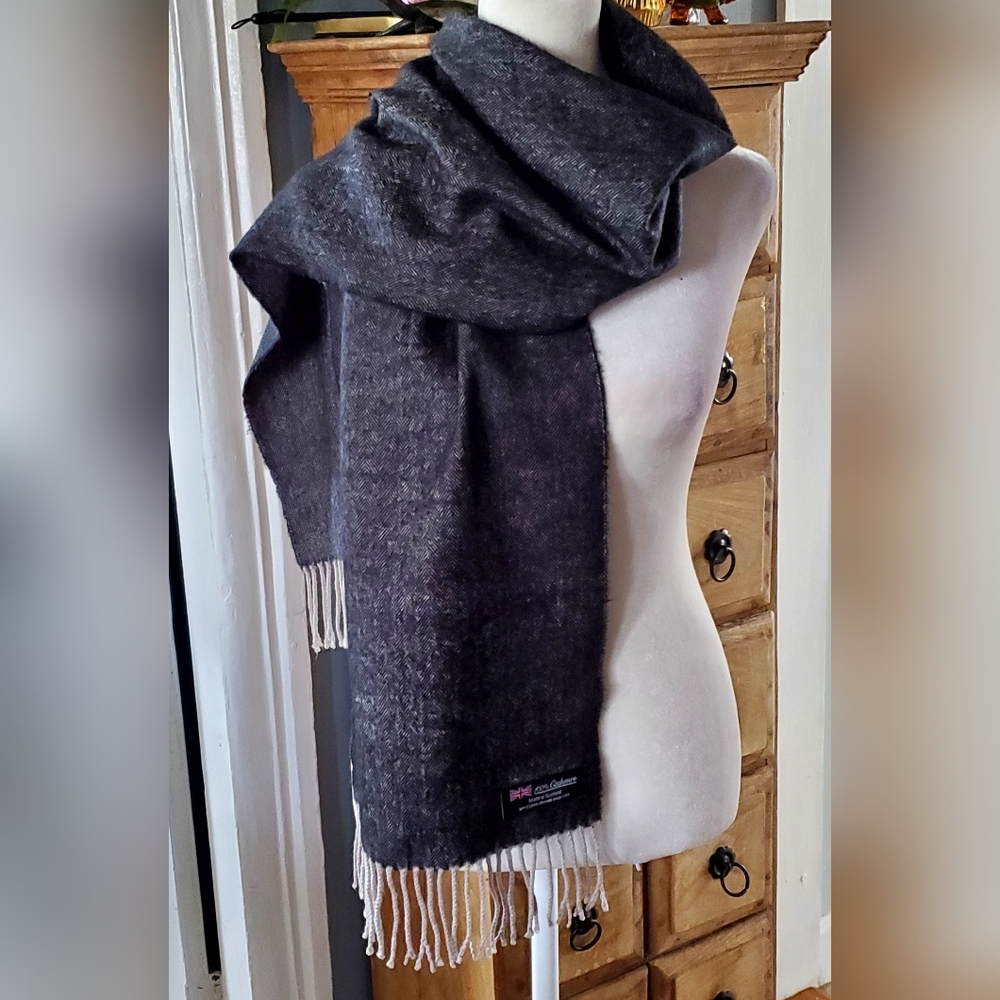 Dark Gray Cashmere Scarf with Cream Fringe